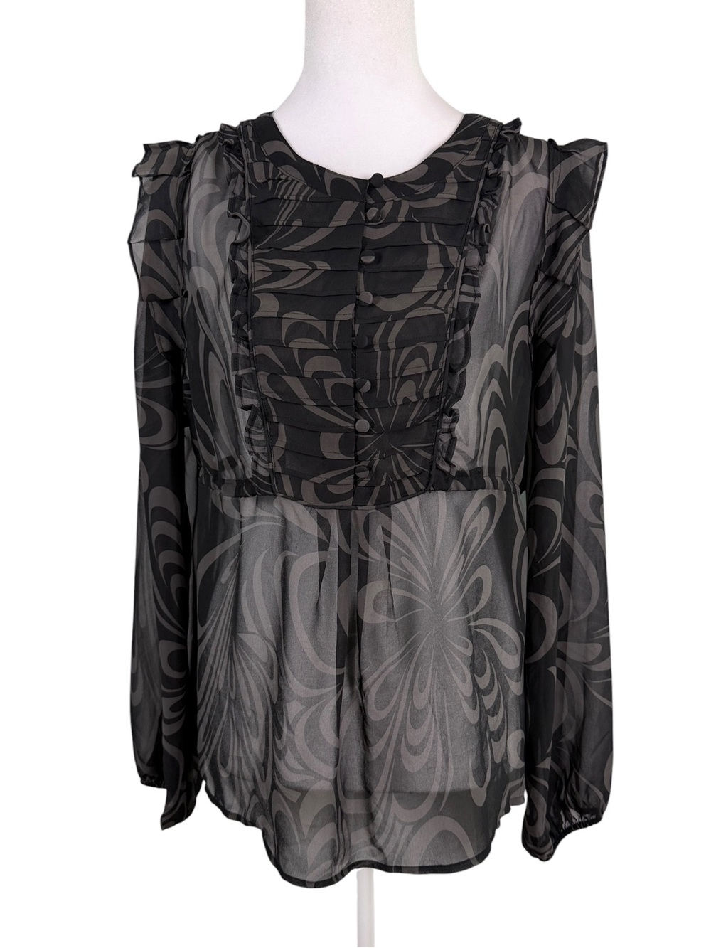 Elle Black & Gray Swirl Sheer Button-Front Blouse Size L